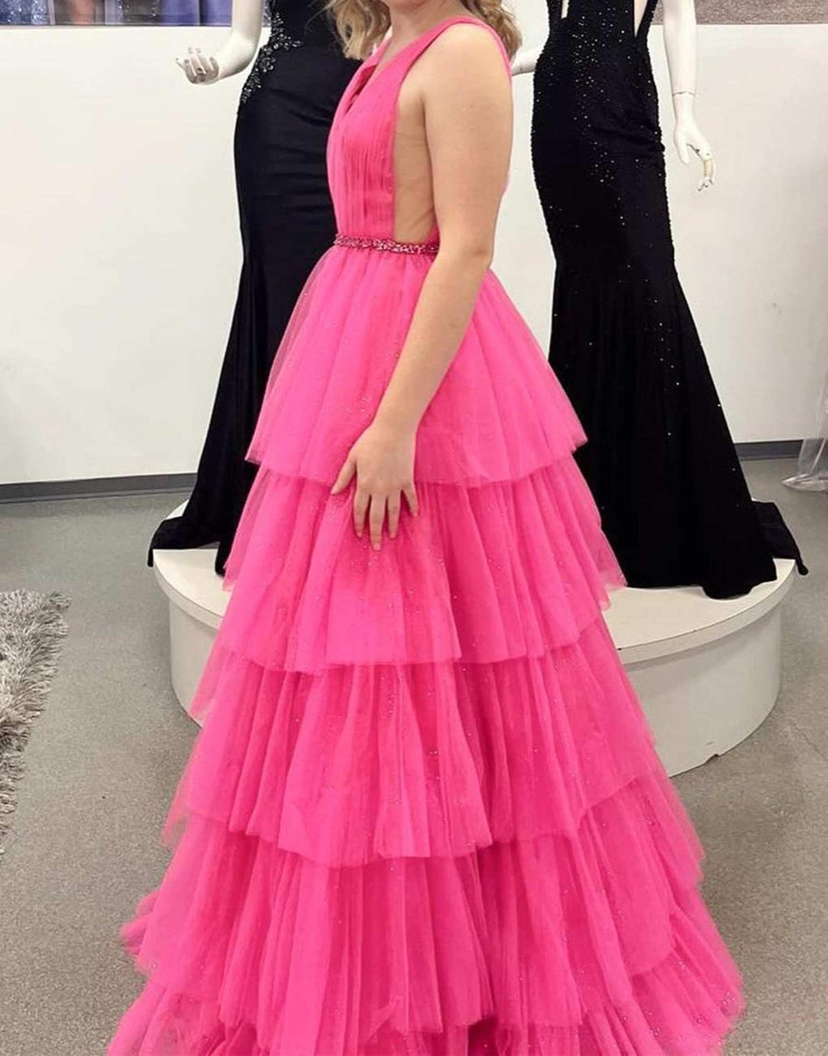 Unthony - A Line V Neck Hot Pink Tulle Layered Long Prom Dress with Belt