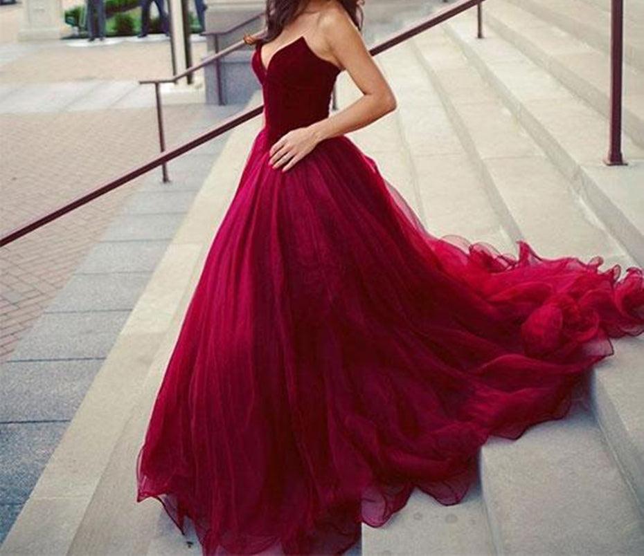 Unthony - Custom Made A Line Sweetheart Neck Burgundy Long Prom Dresses