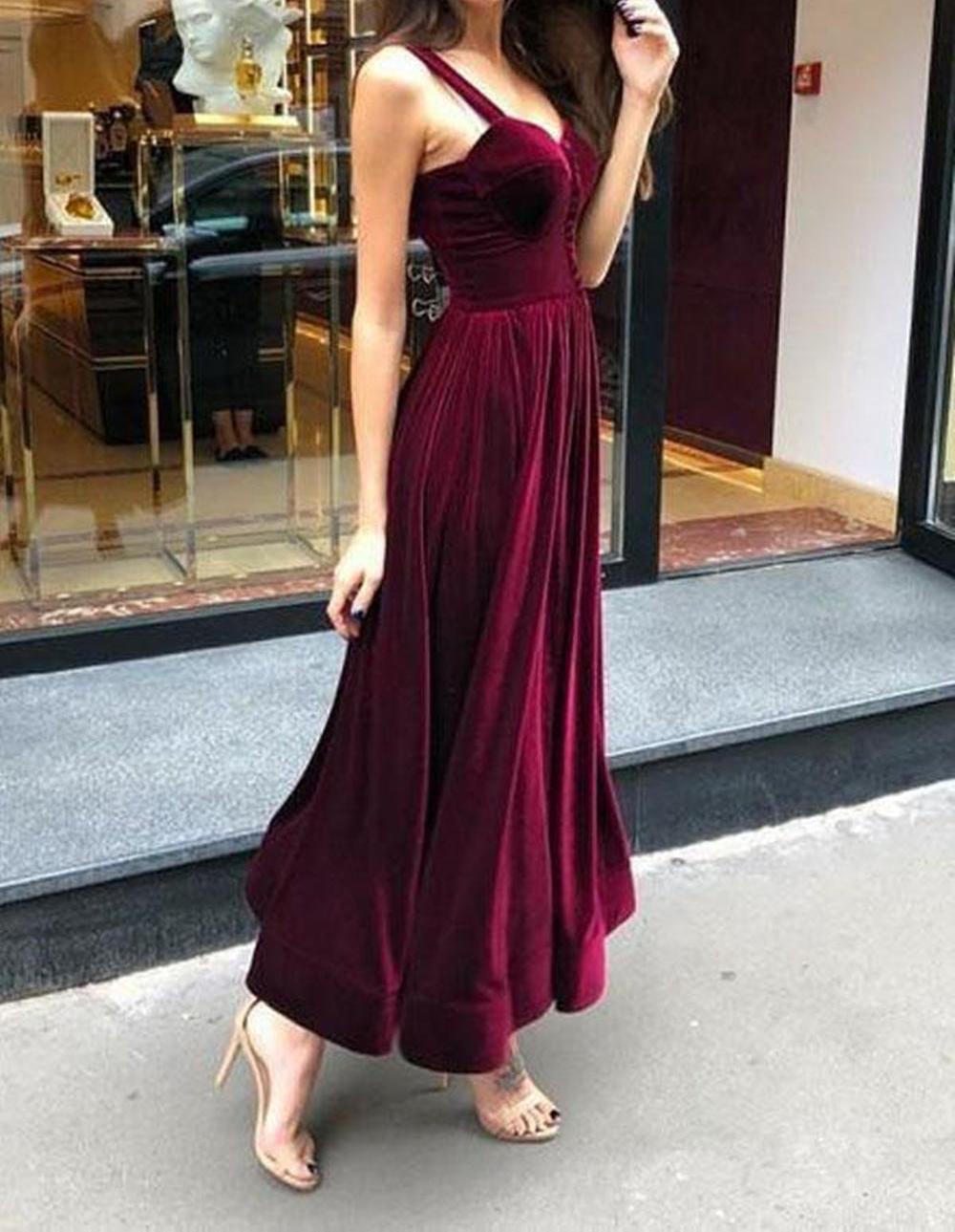 Unthony - Sweetheart Neck Maroon Velvet Ankle Length Prom Dress