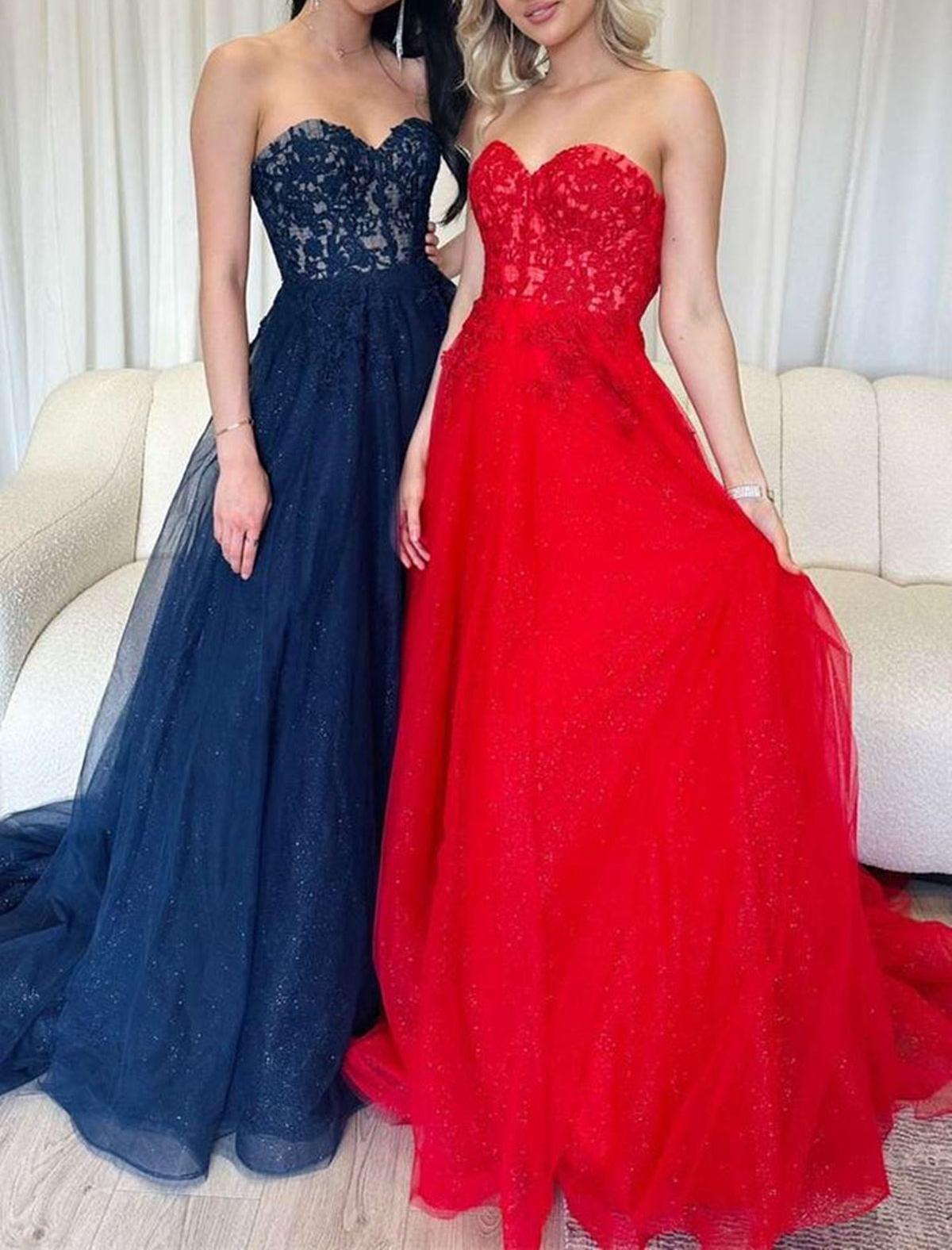Unthony - Strapless Red Lace Long Prom Dress