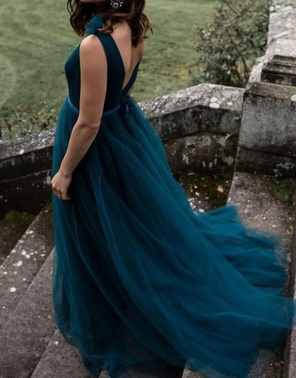 Unthony - A Line V Neck and V Back Peacock Blue Long Prom Dress
