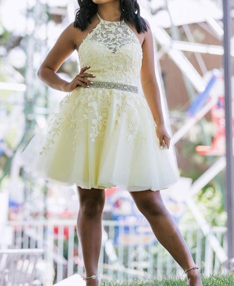 Unthony - A Line Halter Neck Backless Lace Yellow Short Prom Dresses Homecoming Dresses