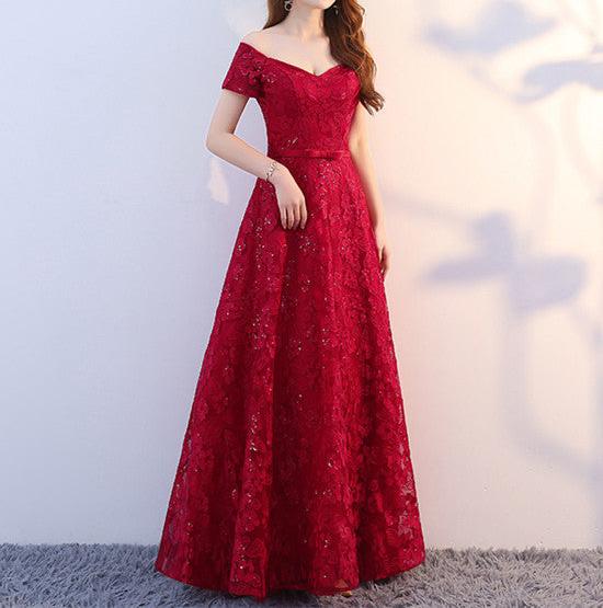 Unthony - A Line Off Shoulder Lace Burgundy Prom Dresses