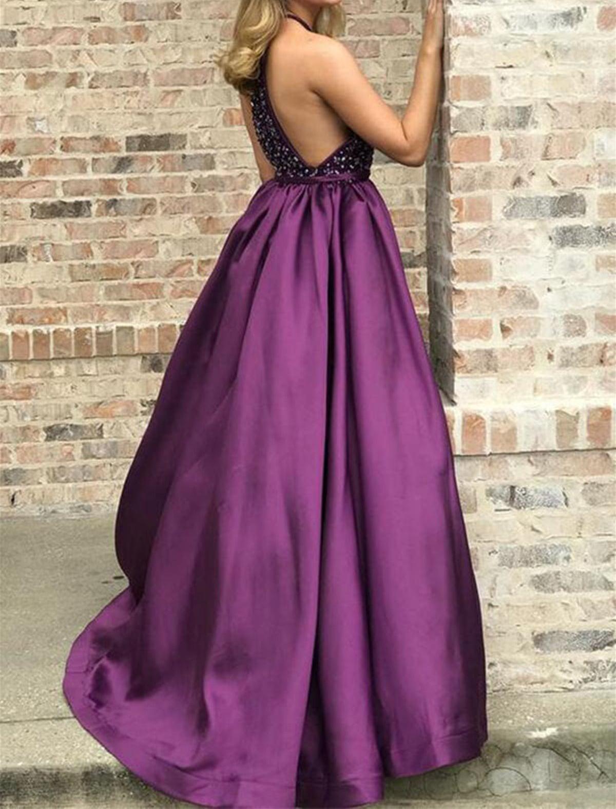 Unthony - Purple Beaded Long Prom Dress
