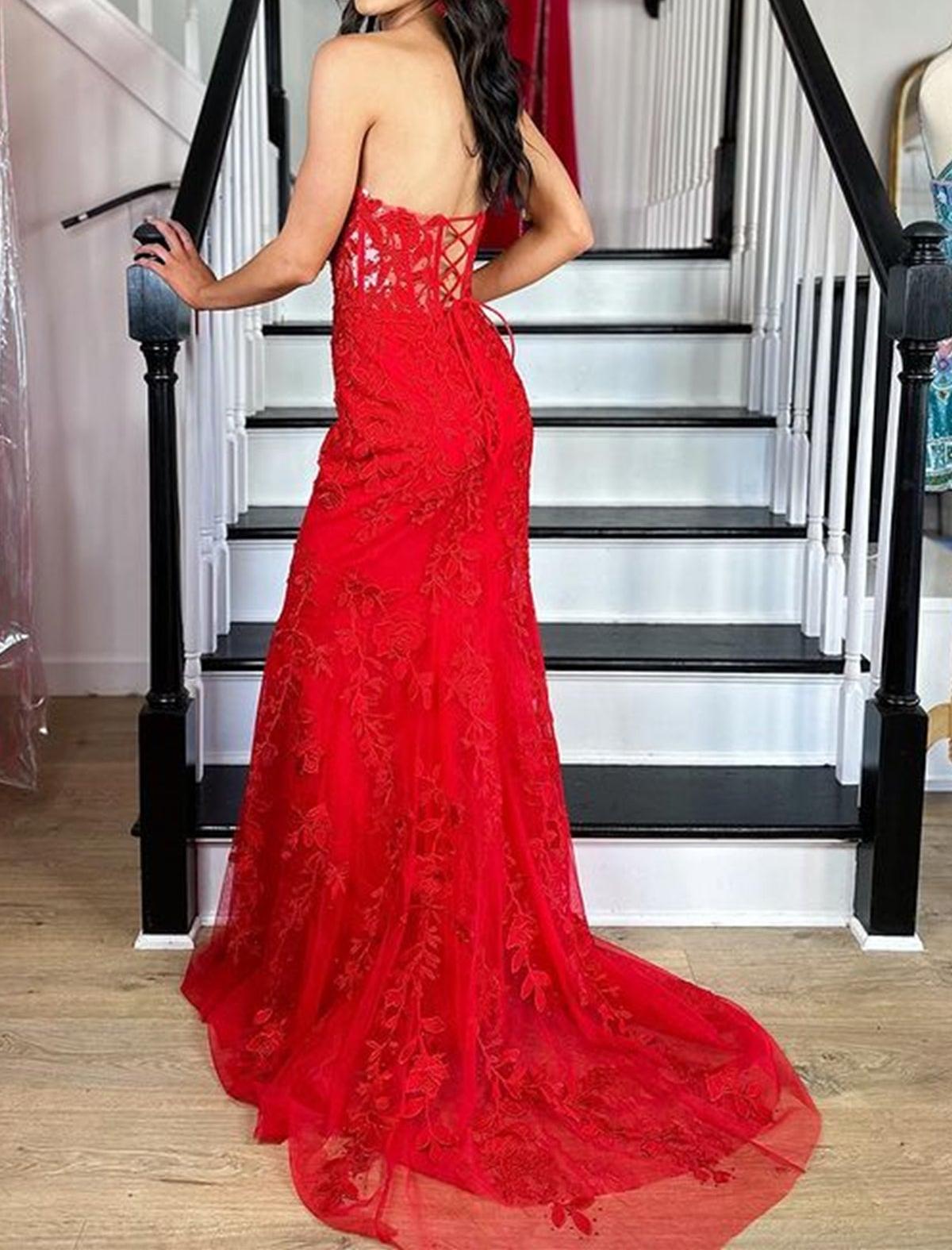 Unthony - Strapless Mermaid Red Lace Long Prom Dress
