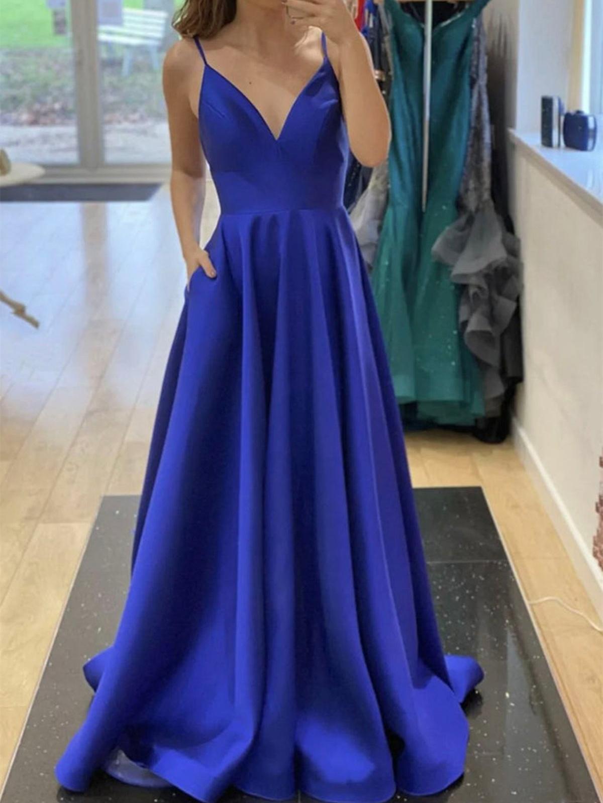 Unthony - A Line V Neck Open Back Blue Long Prom Dress