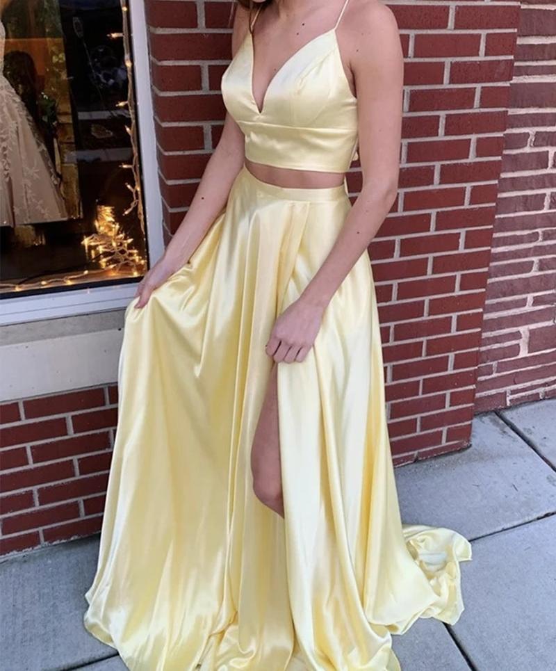 Unthony - V Neck 2 Pieces Yellow Long Prom Dress with High Slit