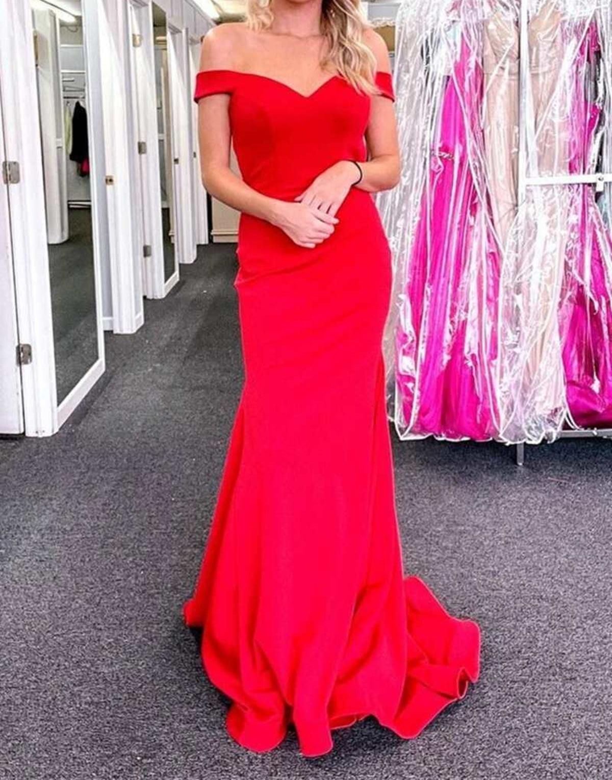 Unthony - Elegant Off the Shoulder Mermaid Red Long Prom Dress with Train
