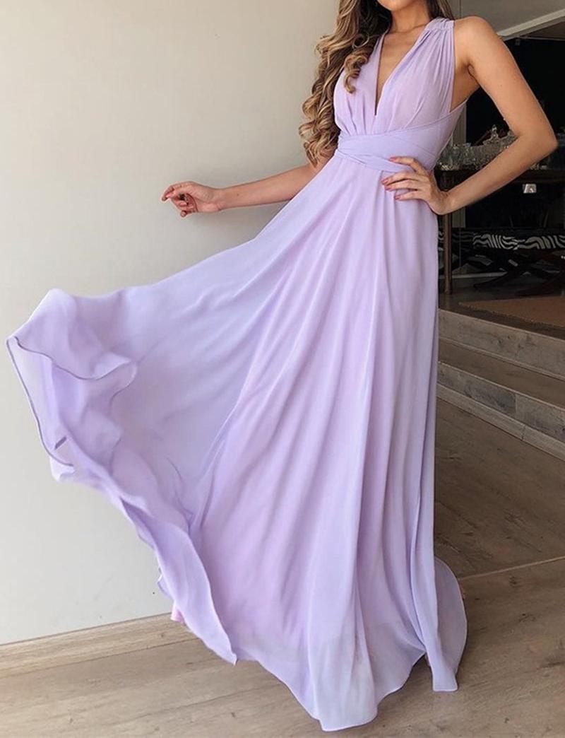 Unthony - A Line V Neck Floor Length Lilac Chiffon Long Prom Dress