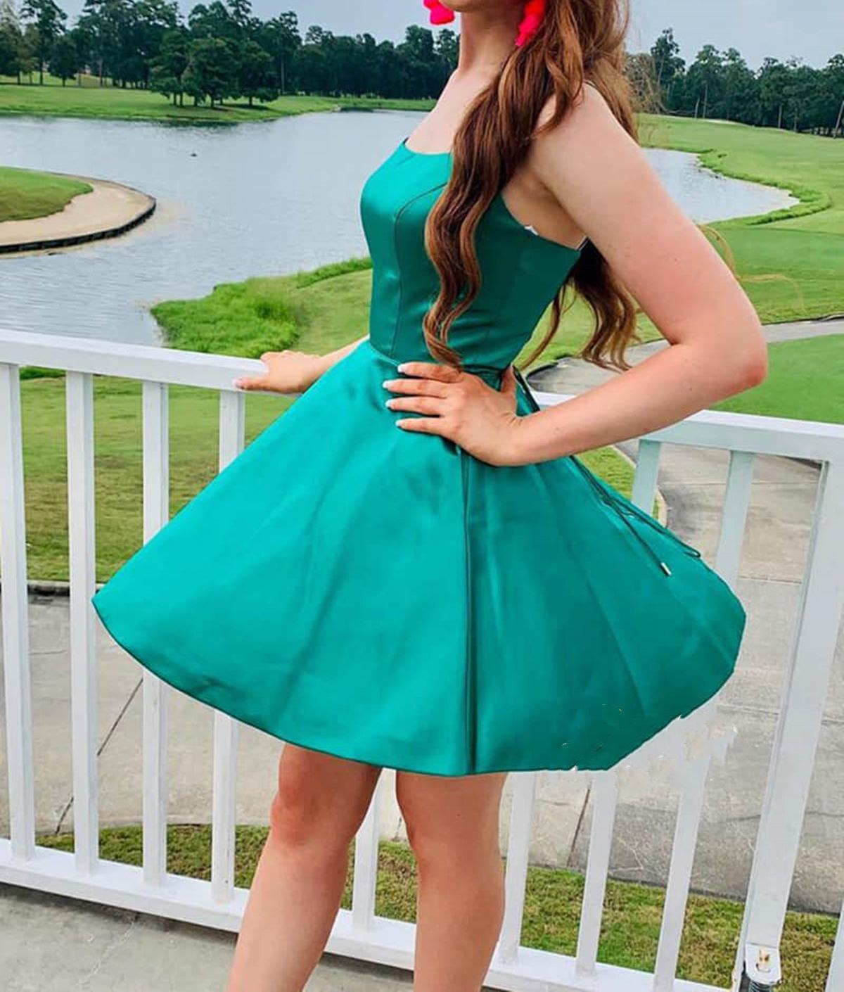 Unthony - Simple A Line Spaghetti Straps Green Satin Short Prom Homecoming Dress