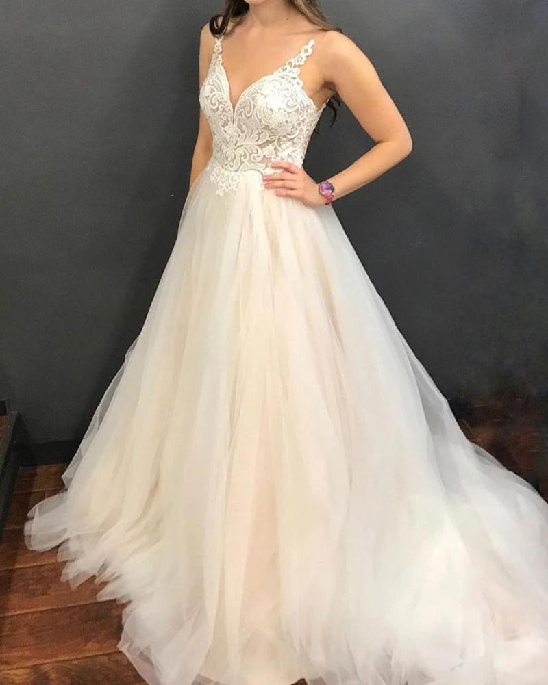 Unthony - A Line V Neck Backless Lace Light Champagne Wedding Dresses Prom Dresses