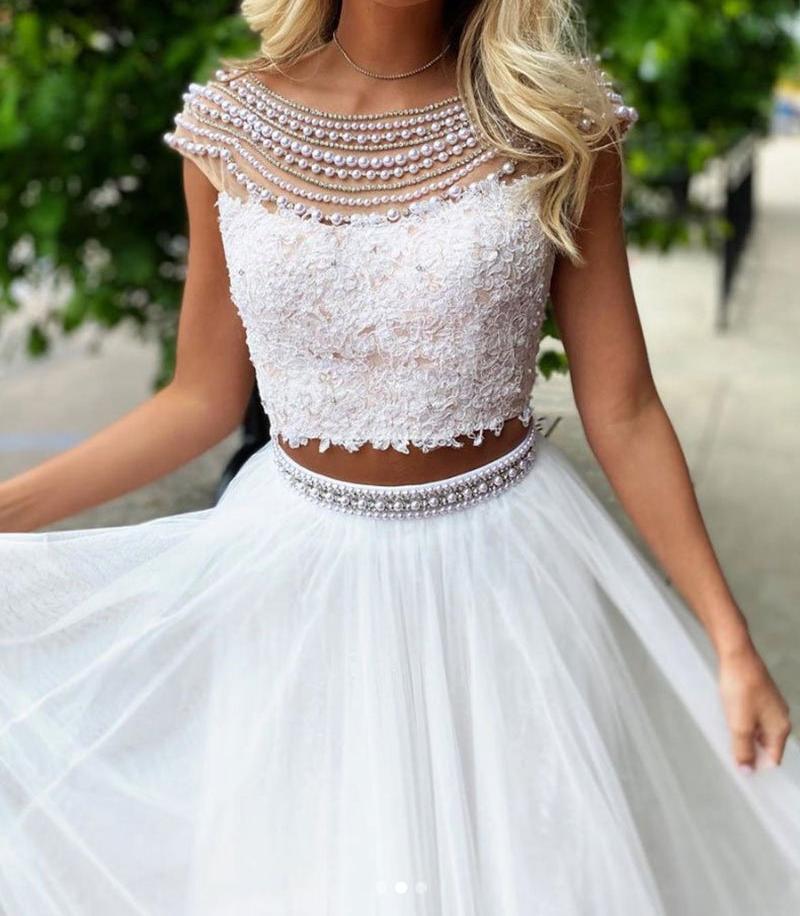 Unthony - Gorgeous Round Neck Two Pieces White Lace Prom Dress with Beadings