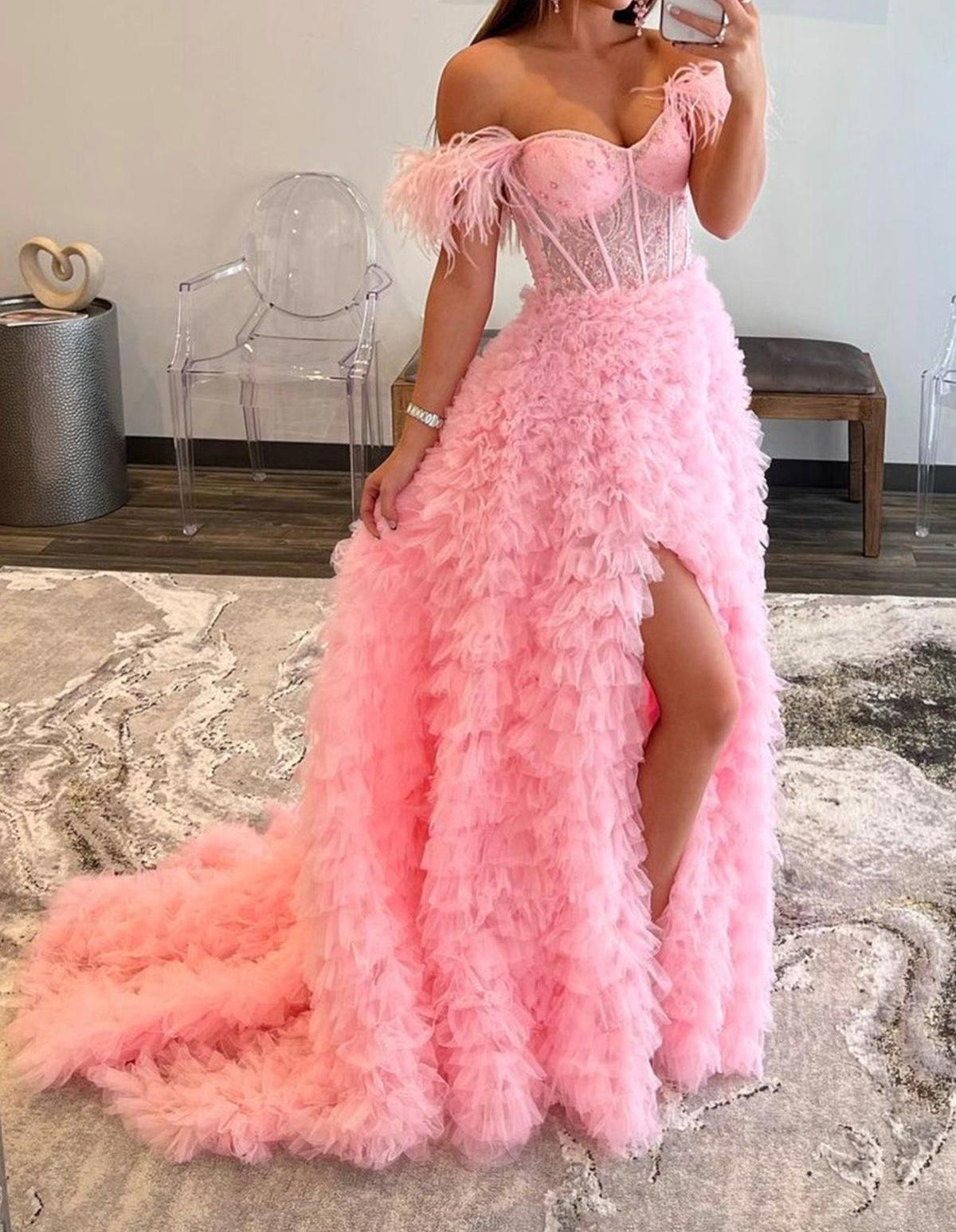 Unthony - Off Shoulder Ruffle Pink Long Prom Dress with Train