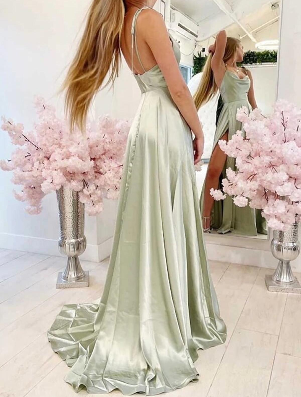 Unthony - Simple Backless Sage Long Prom Dress with High Slit