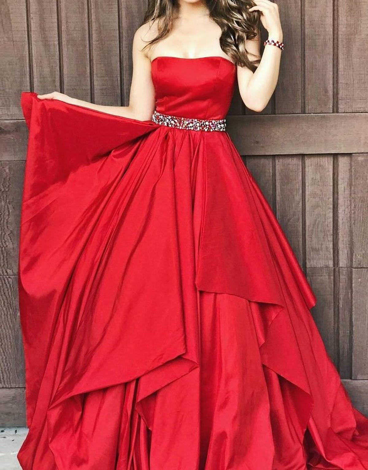 Unthony - Strapless Red Satin Layered Long Prom Dress with Belt