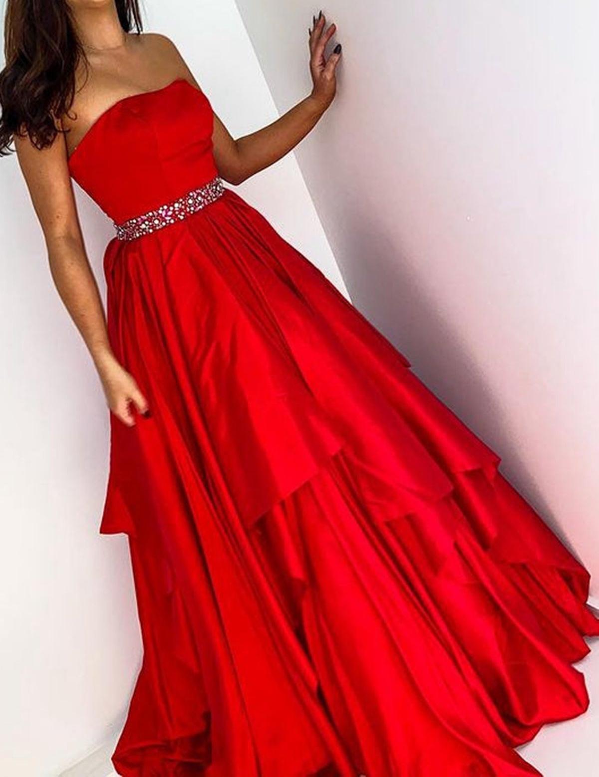 Unthony - Strapless Red Satin Layered Long Prom Dress with Belt
