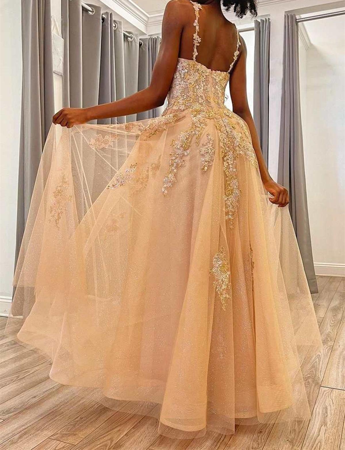 Unthony - A Line Open Back Champagne Lace Tulle Long Prom Dress