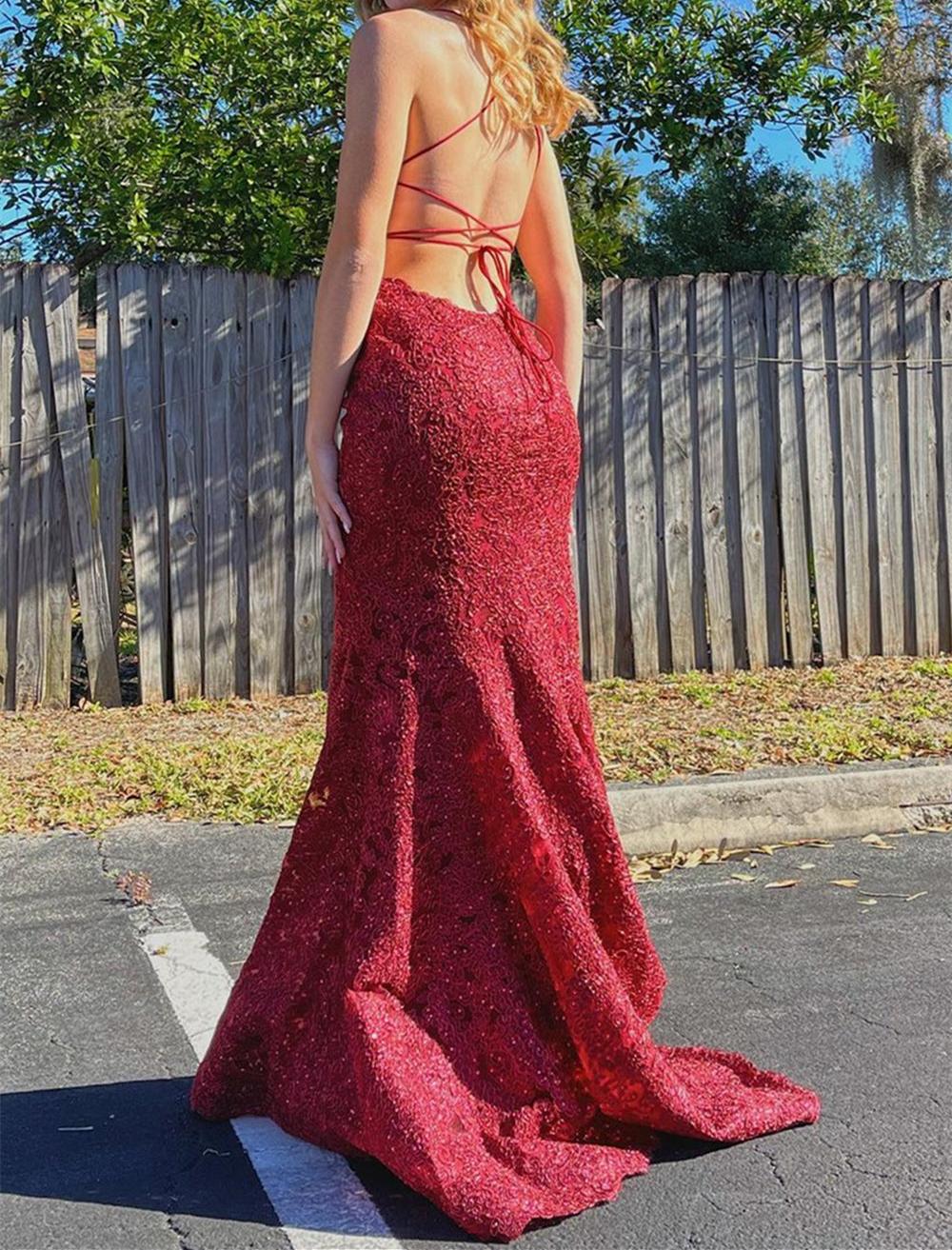 Unthony - Mermaid Backless Burgundy Lace Long Prom Dress