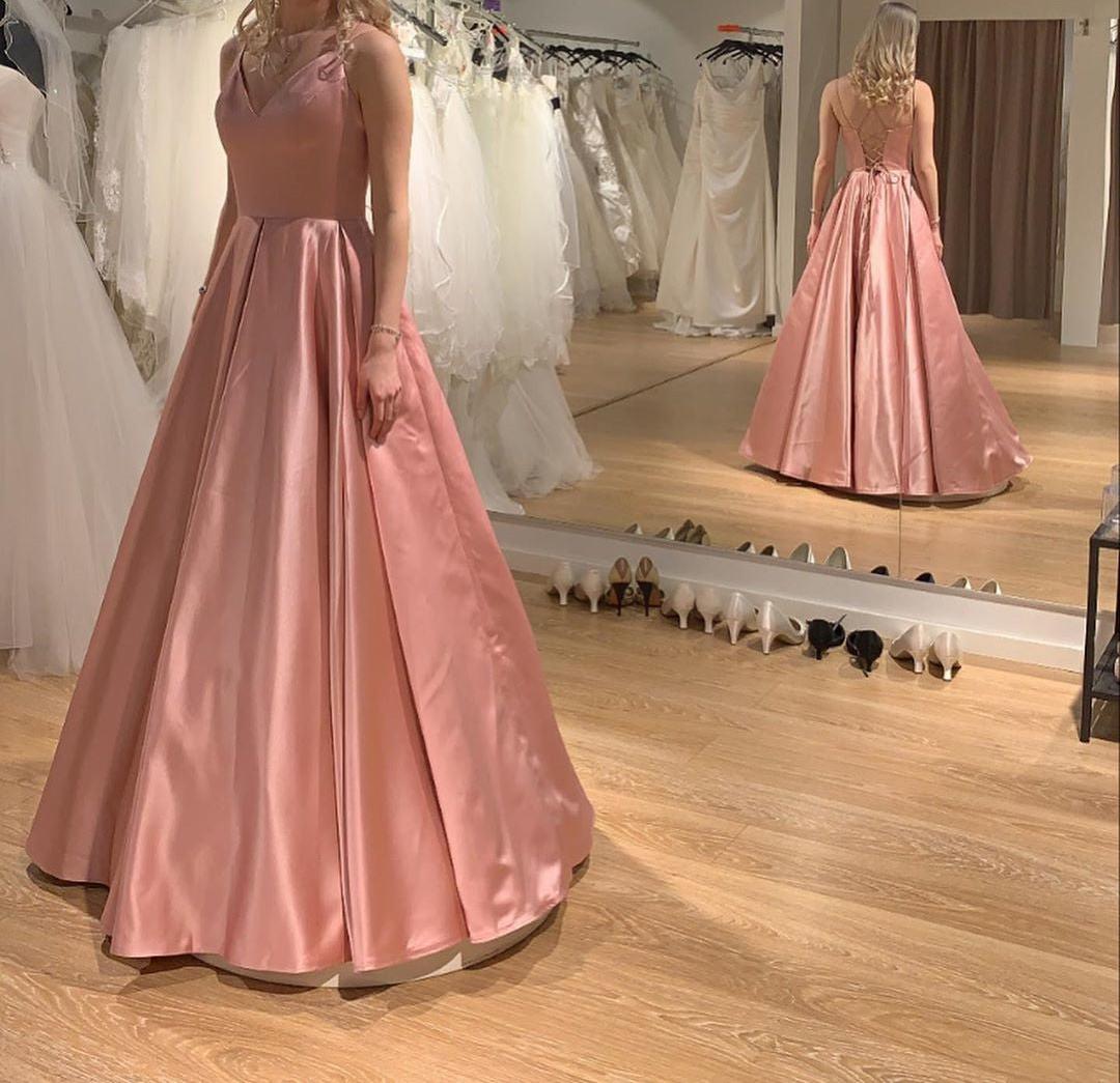 Unthony - Princess V Neck Pink Satin Long Prom Dress