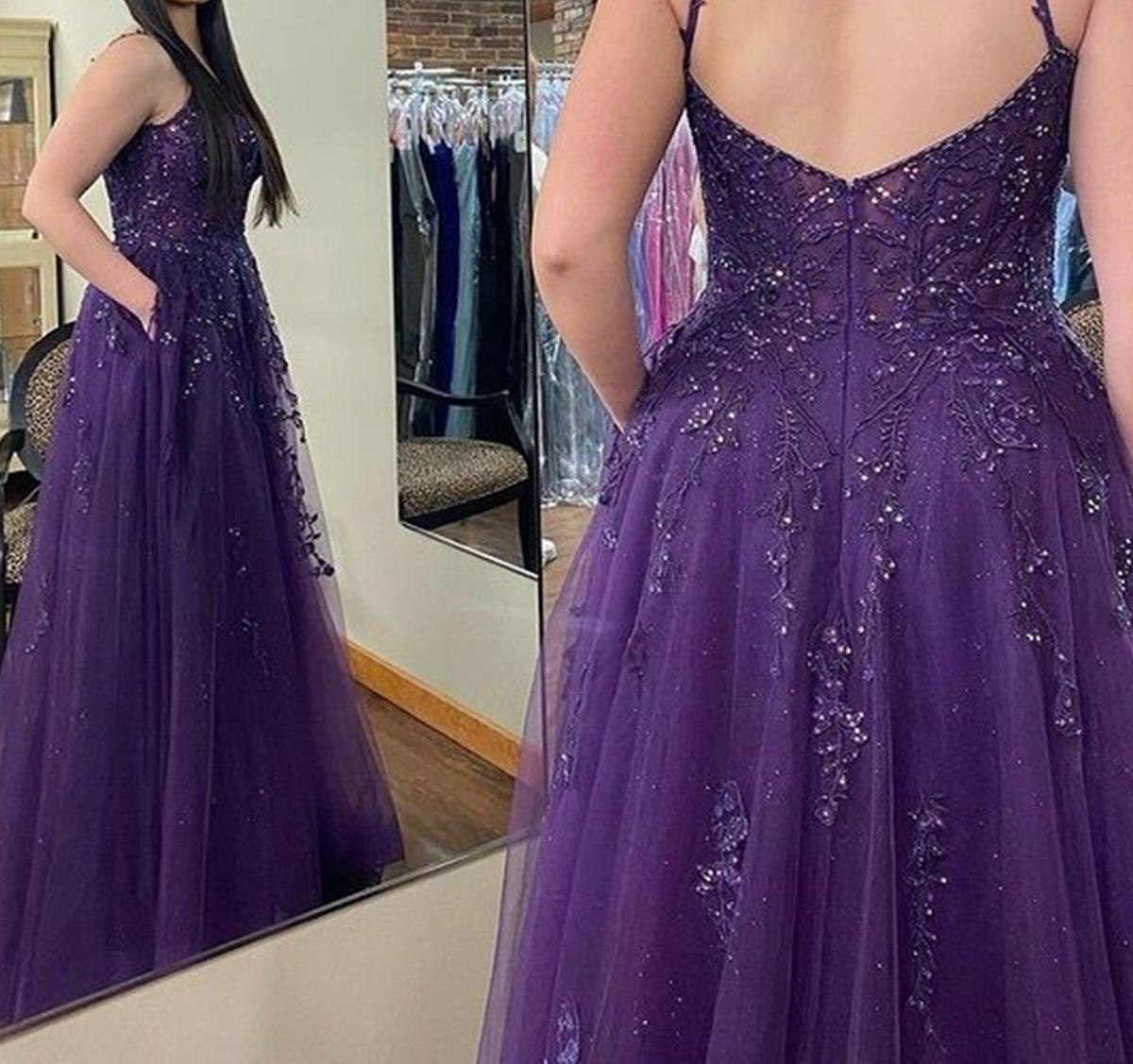 Unthony - Open Back Beaded Purple Lace Floral Long Prom Dresses with High Slit