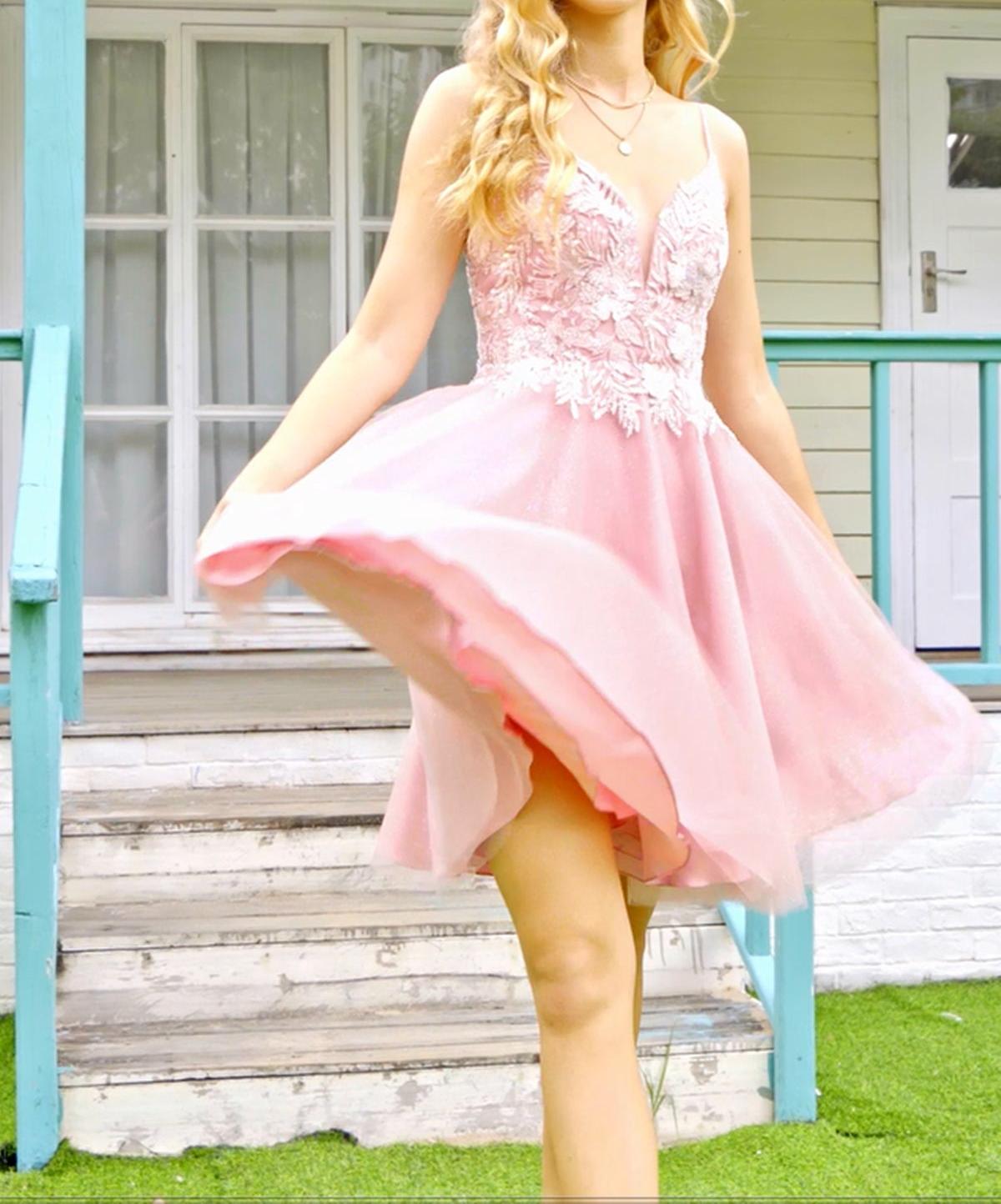 Unthony - A Line V Neck Open Back Pink Lace Prom Dress