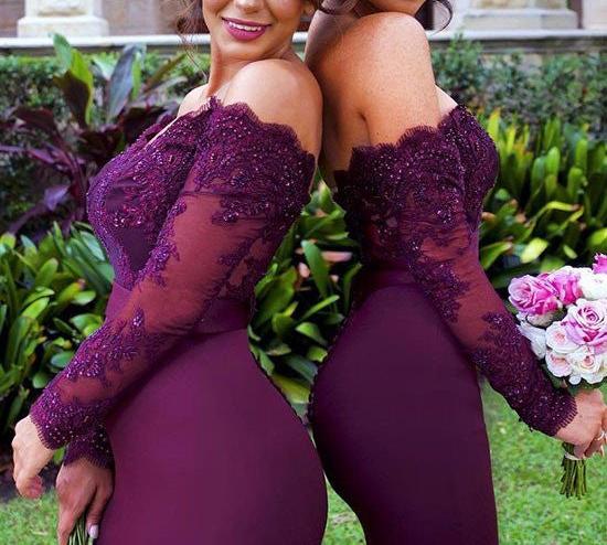 Unthony - Long Sleeves Mermaid Burgundy Lace Bridesmaid Dresses