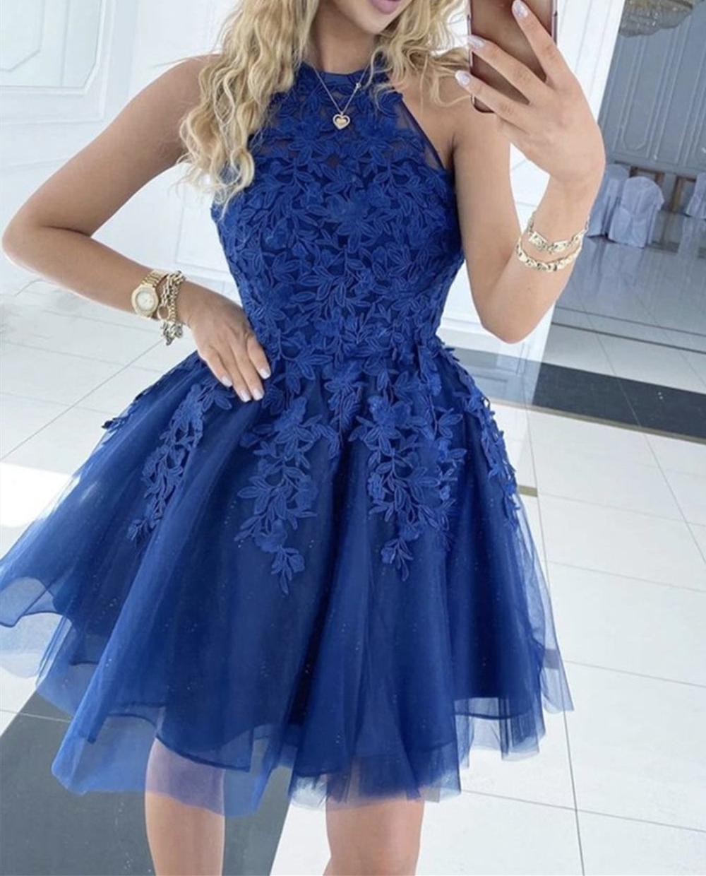 Unthony - Cute Blue Lace Short Prom Dress