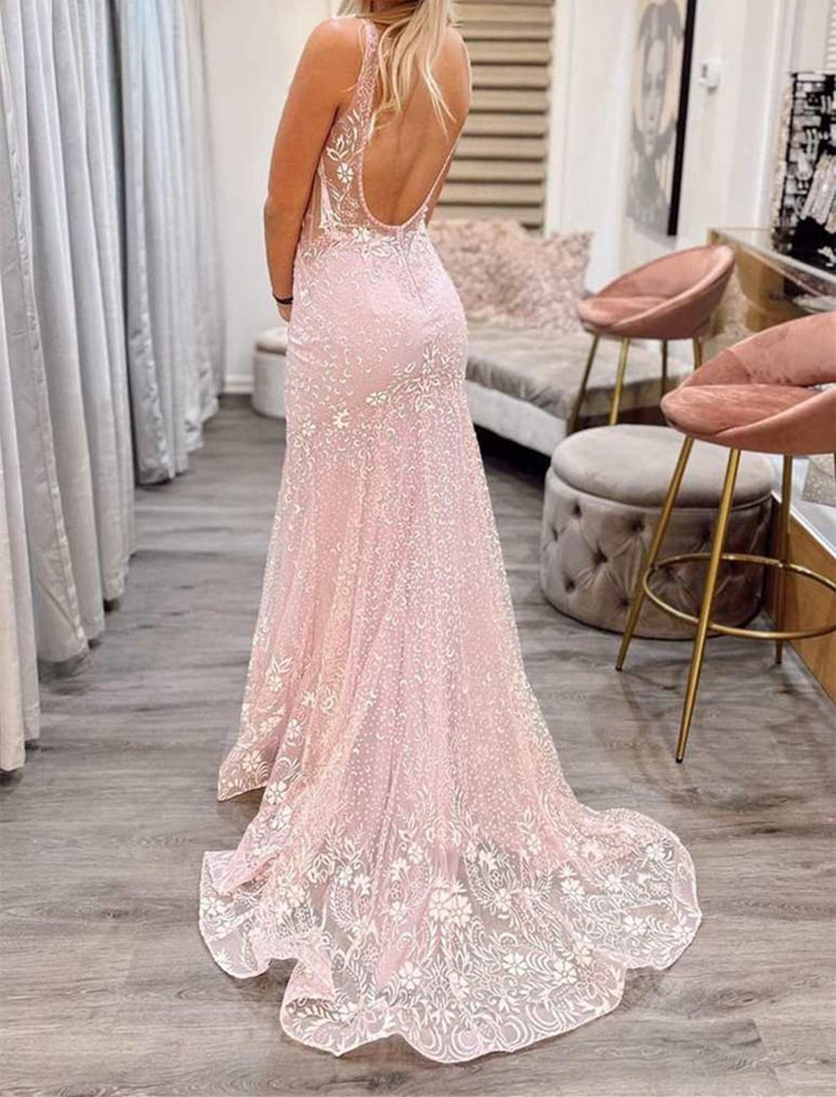 Unthony - V Neck Mermaid Backless Pink Lace Long Prom Dress