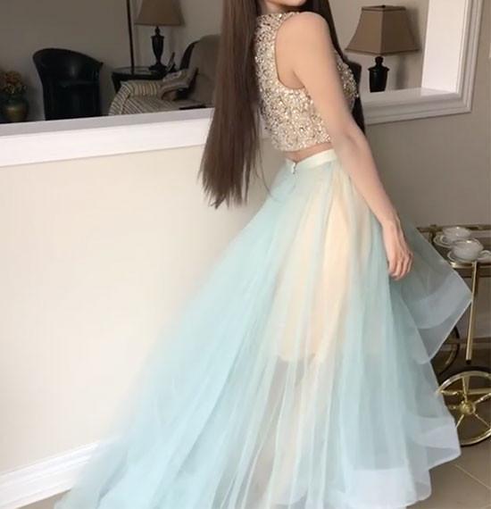Unthony - Round Neck 2 Pieces Sequins Tulle Green Long Prom Dress