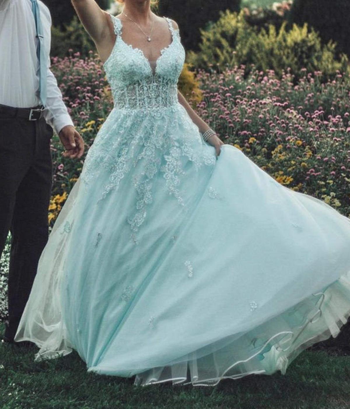 Unthony - Off Shoulder Mint Green Lace Tulle Long Prom Dress