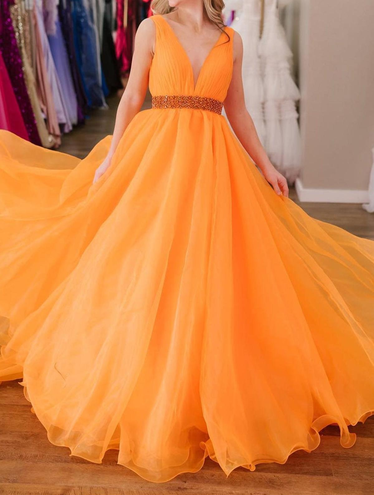 Unthony - A Line V Neck Red/Blue/Orange Long Prom Dress with Beaded Belt