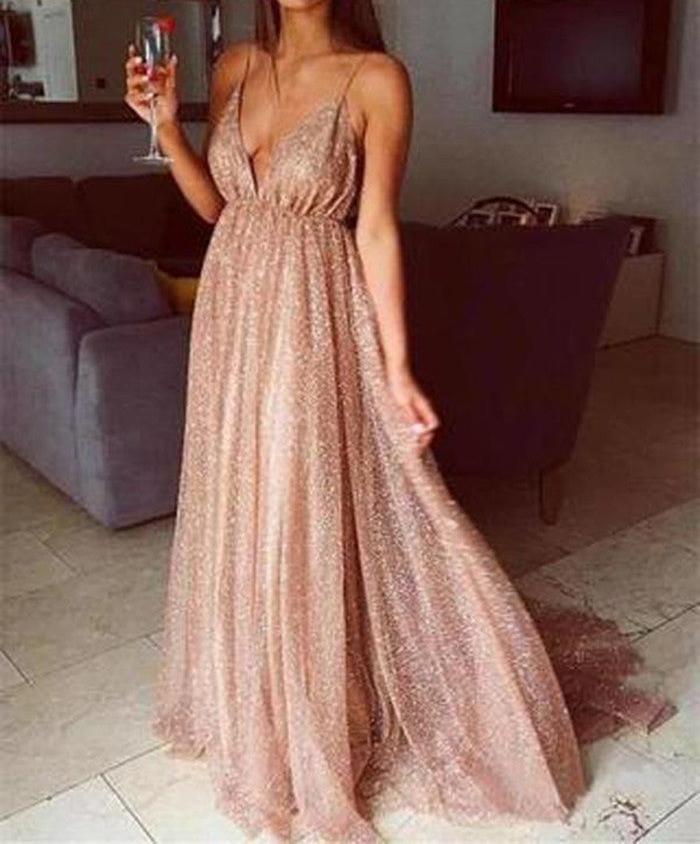 Unthony - Sparkly V Neck Spaghetti Straps Backless Long Prom Dresses