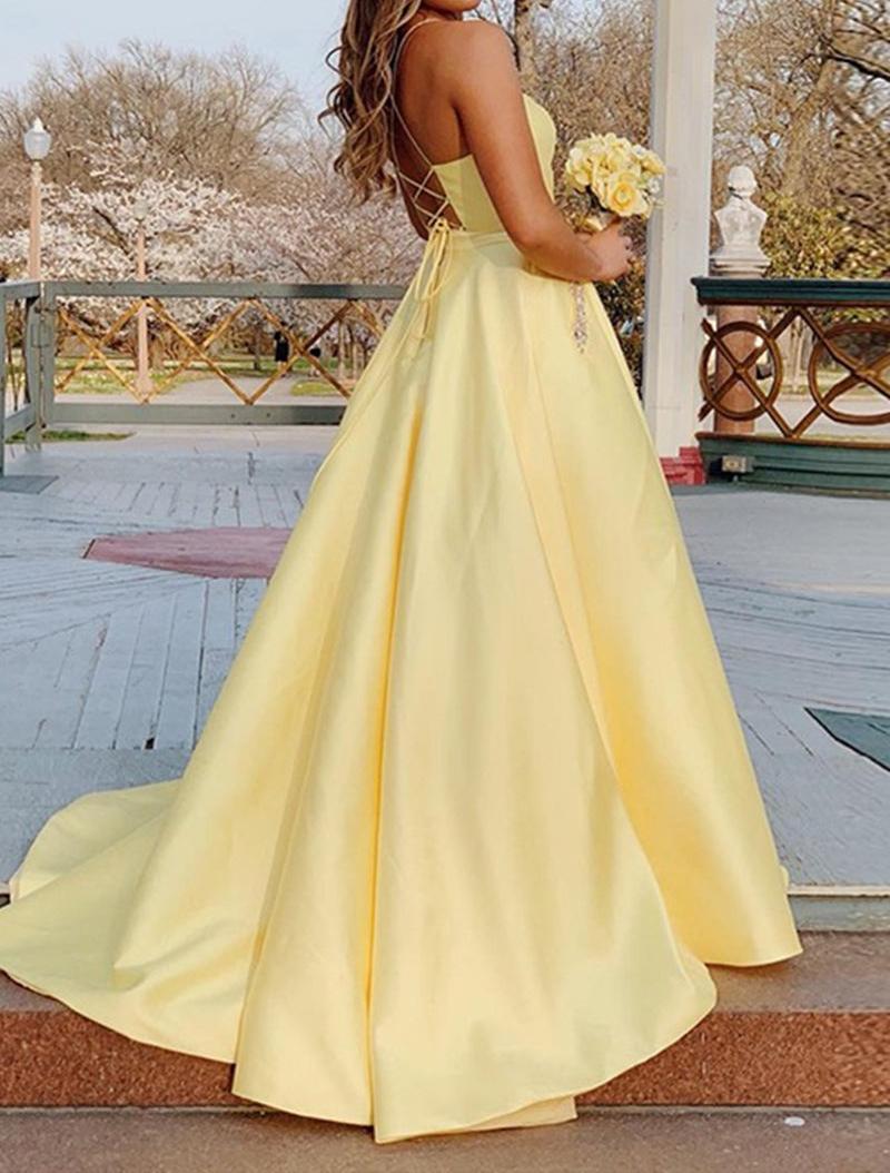 Unthony - Simple A Line V Neck Yellow Satin Long Prom Dress with Pockets