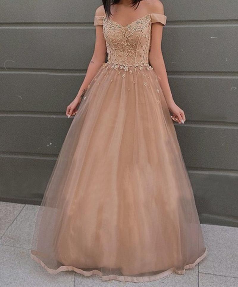 Unthony - Off the Shoulder Champagne Lace Floral Prom Dress