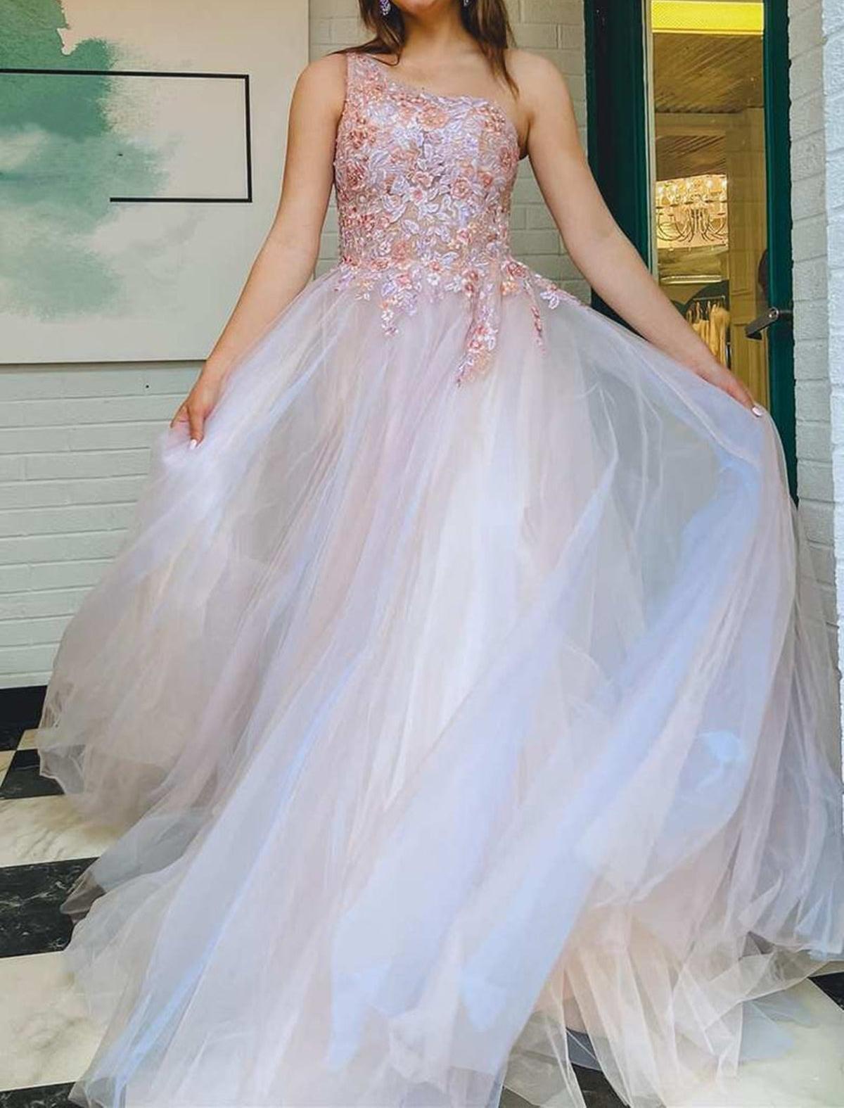 Unthony - One Shoulder Pink Lace Floral Long Prom Dress