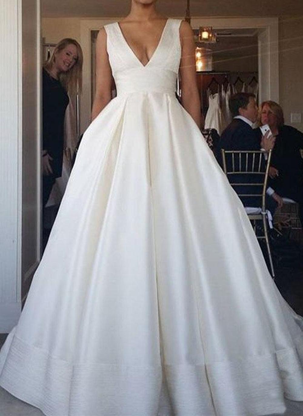 Unthony - Simple V Neck Ivory Satin Long Prom Dress