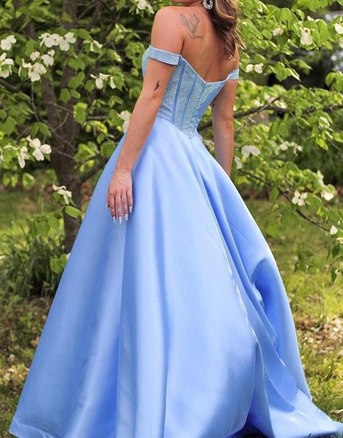 Unthony - Off the Shoulder Light Blue Satin Long Prom Dress
