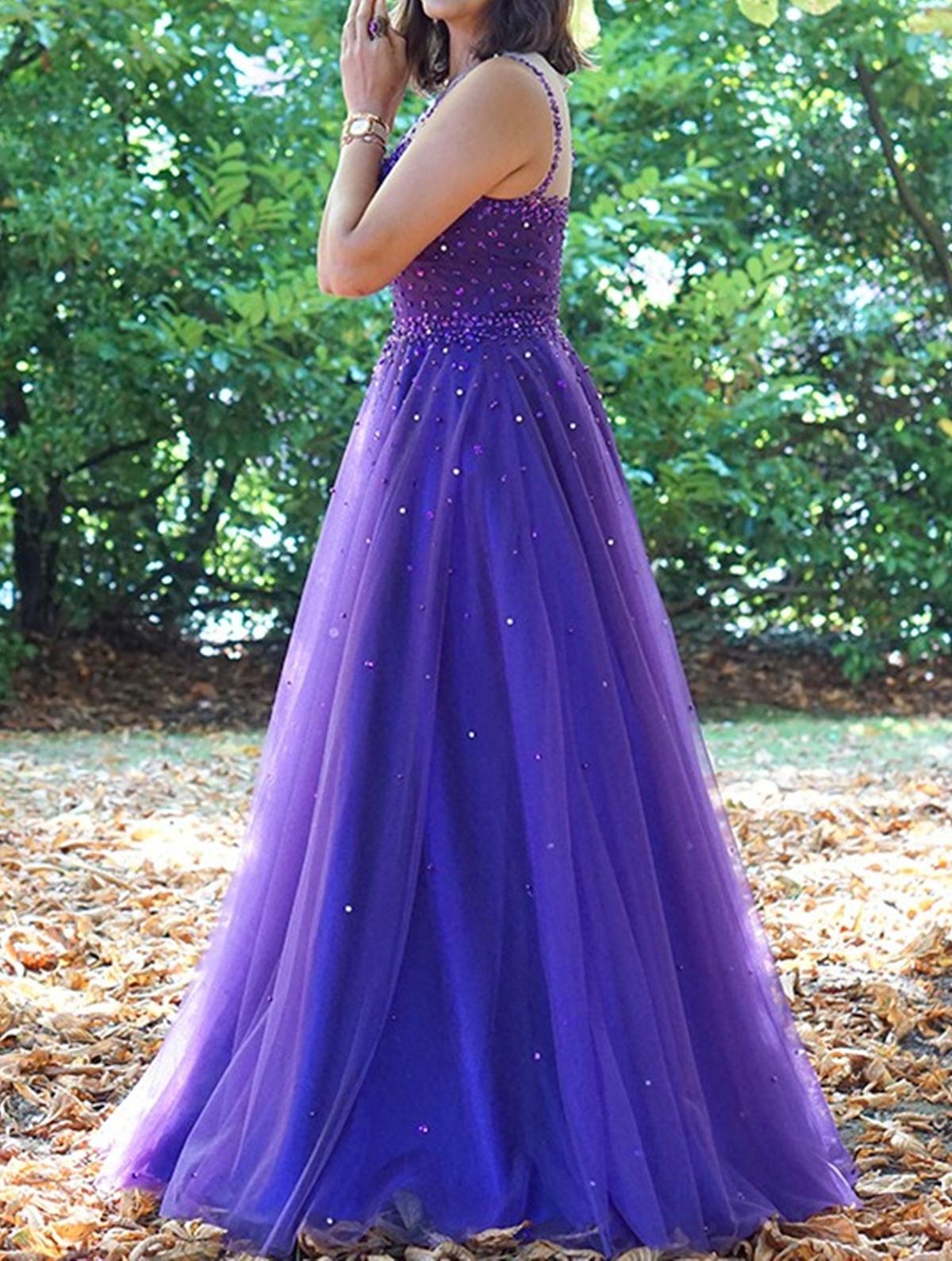 Unthony - Round Neck Purple Tulle Beaded Long Prom Dresses
