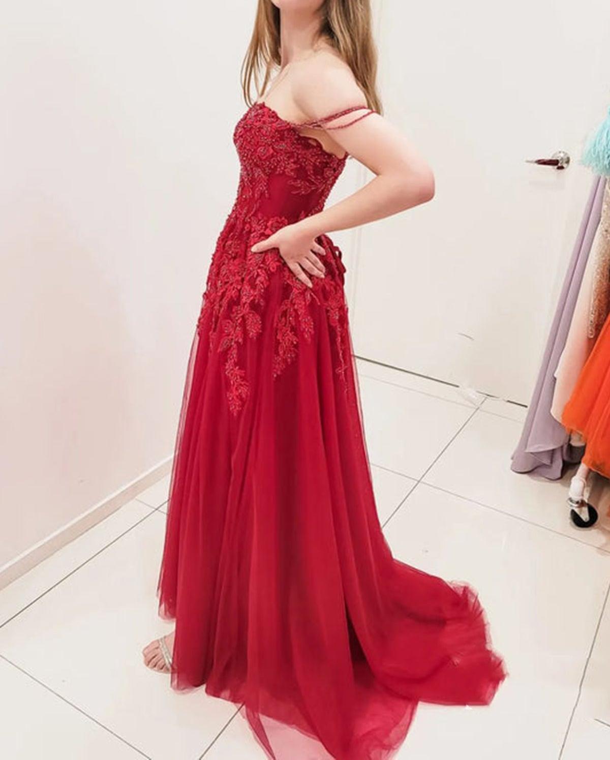 Unthony - Elegant Off Shoulder Burgundy Lace Long Prom Dress with High Slit