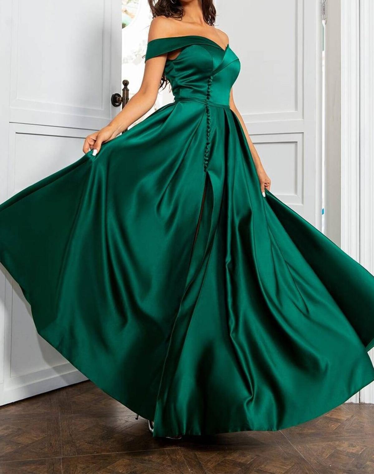 Unthony - Off Shoulder Green Satin Long Prom Dress