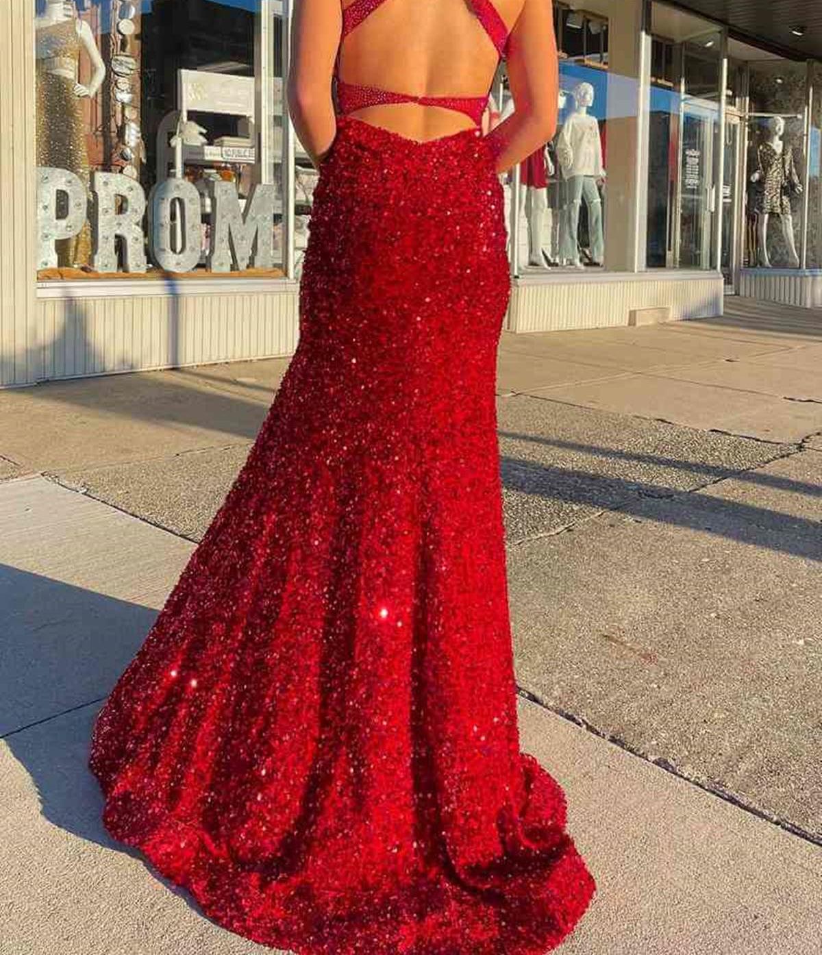 Unthony - Open Back V Neck Mermaid Burgundy Sequins Long Prom Dress