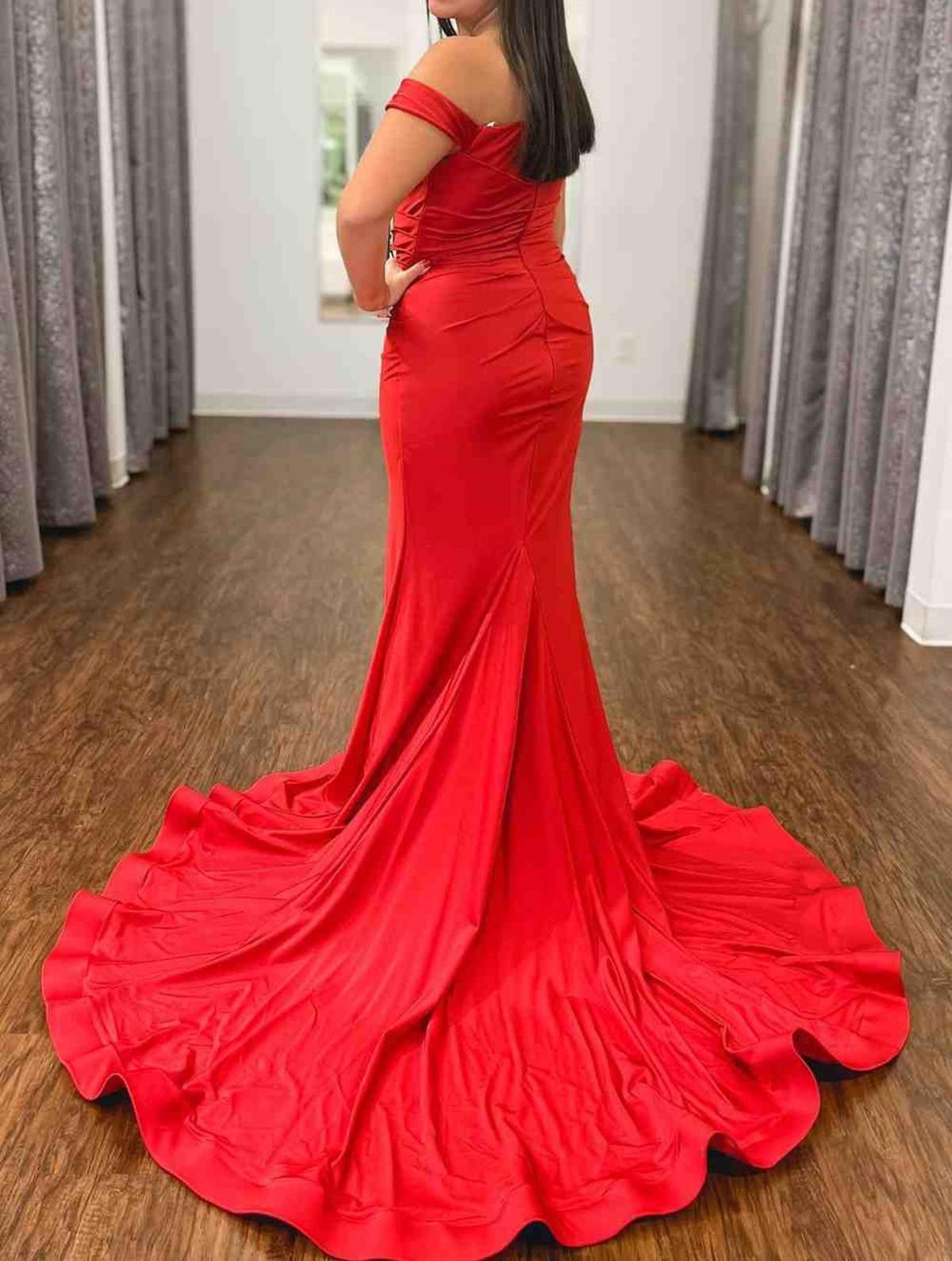 Unthony - Off Shoulder Mermaid Red Long Prom Dress