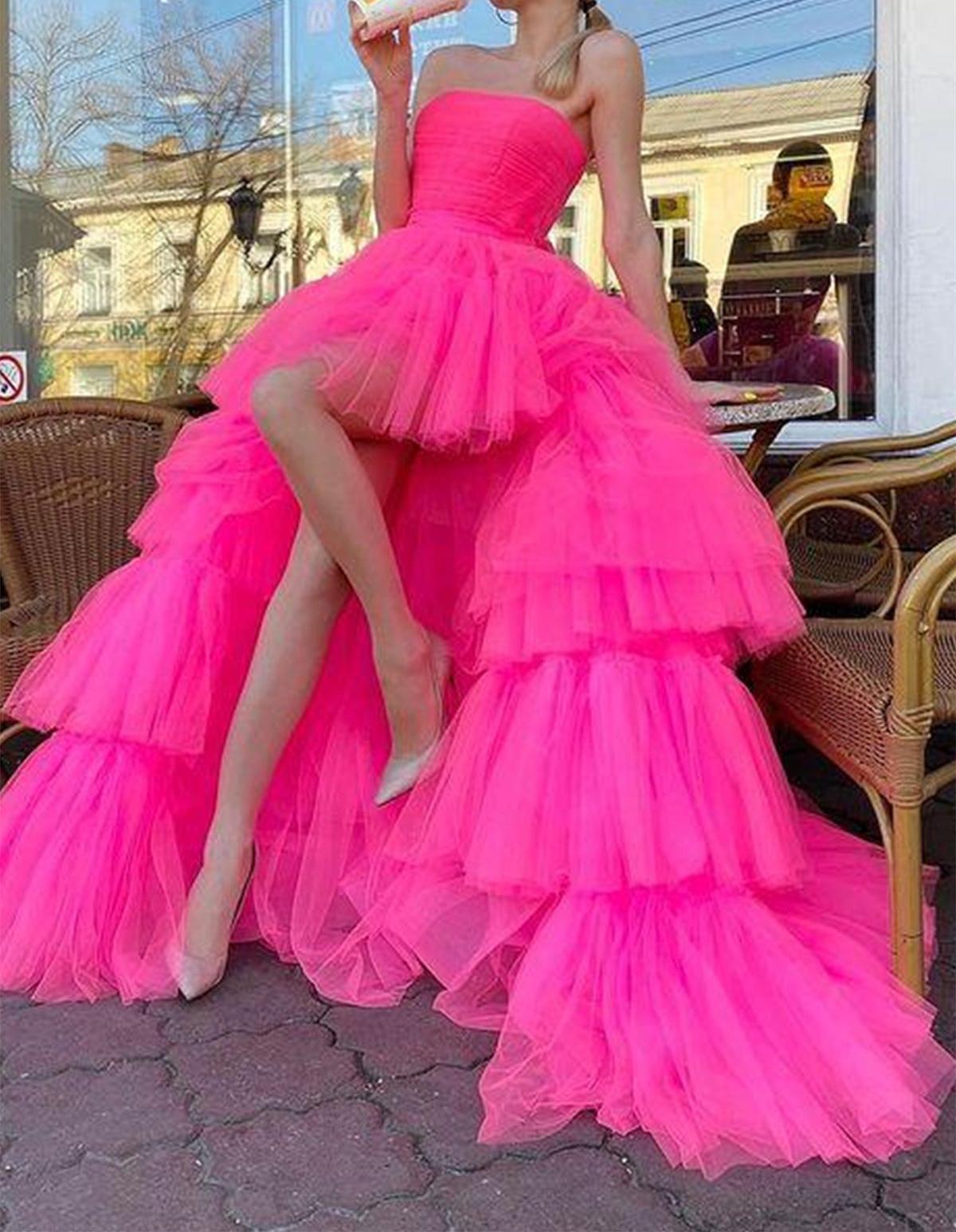 Unthony - Strapless High Low Layered Hot Pink Tulle Long Prom Dress