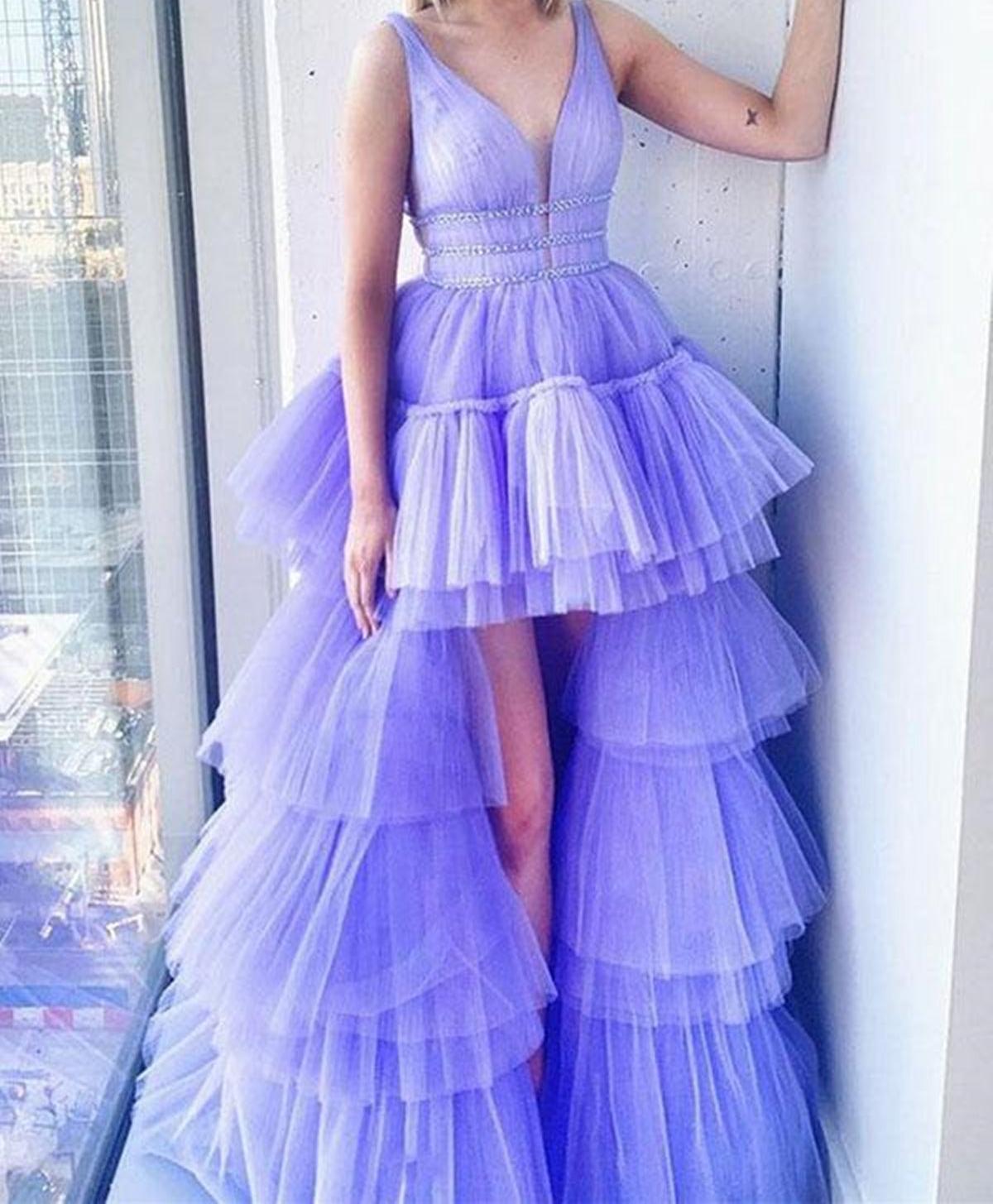 Unthony - High Low V Neck Purple Tulle Long Prom Dress with Belt