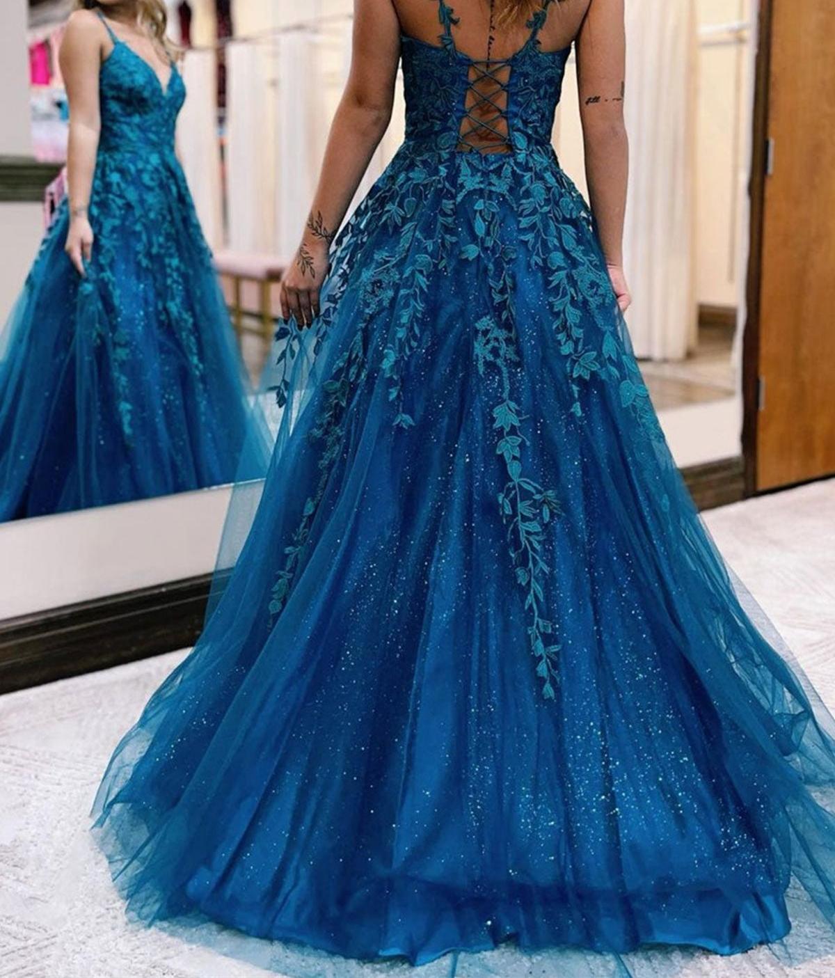 Unthony - V Neck Open Back Blue Lace Long Prom Dress