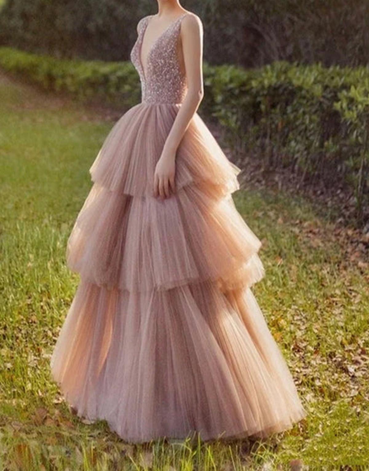 Unthony - Princess V Neck Beaded Layered Tulle Long Prom Dress