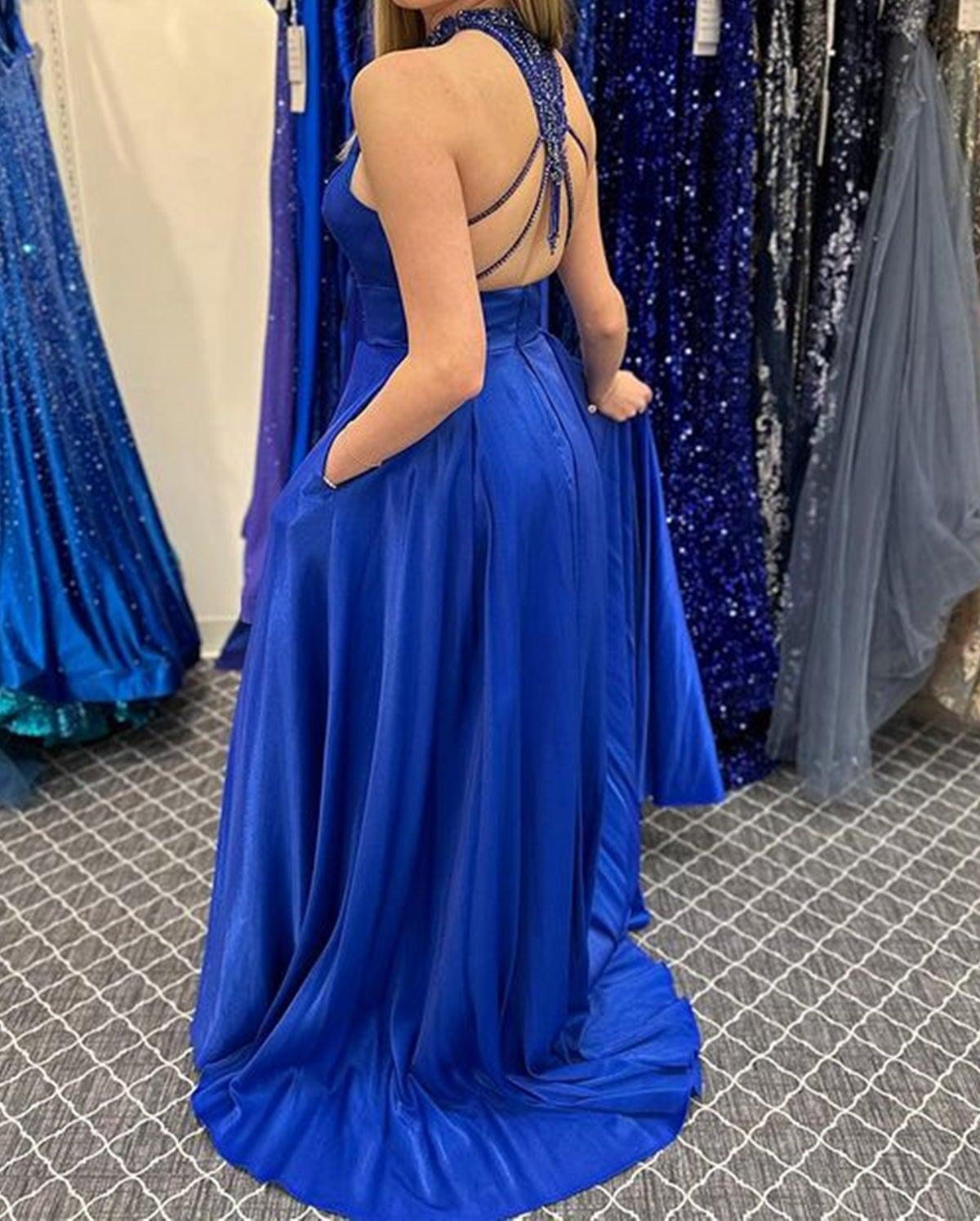 Unthony - Halter Neck Beaded Royal Blue Satin Long Prom Dress