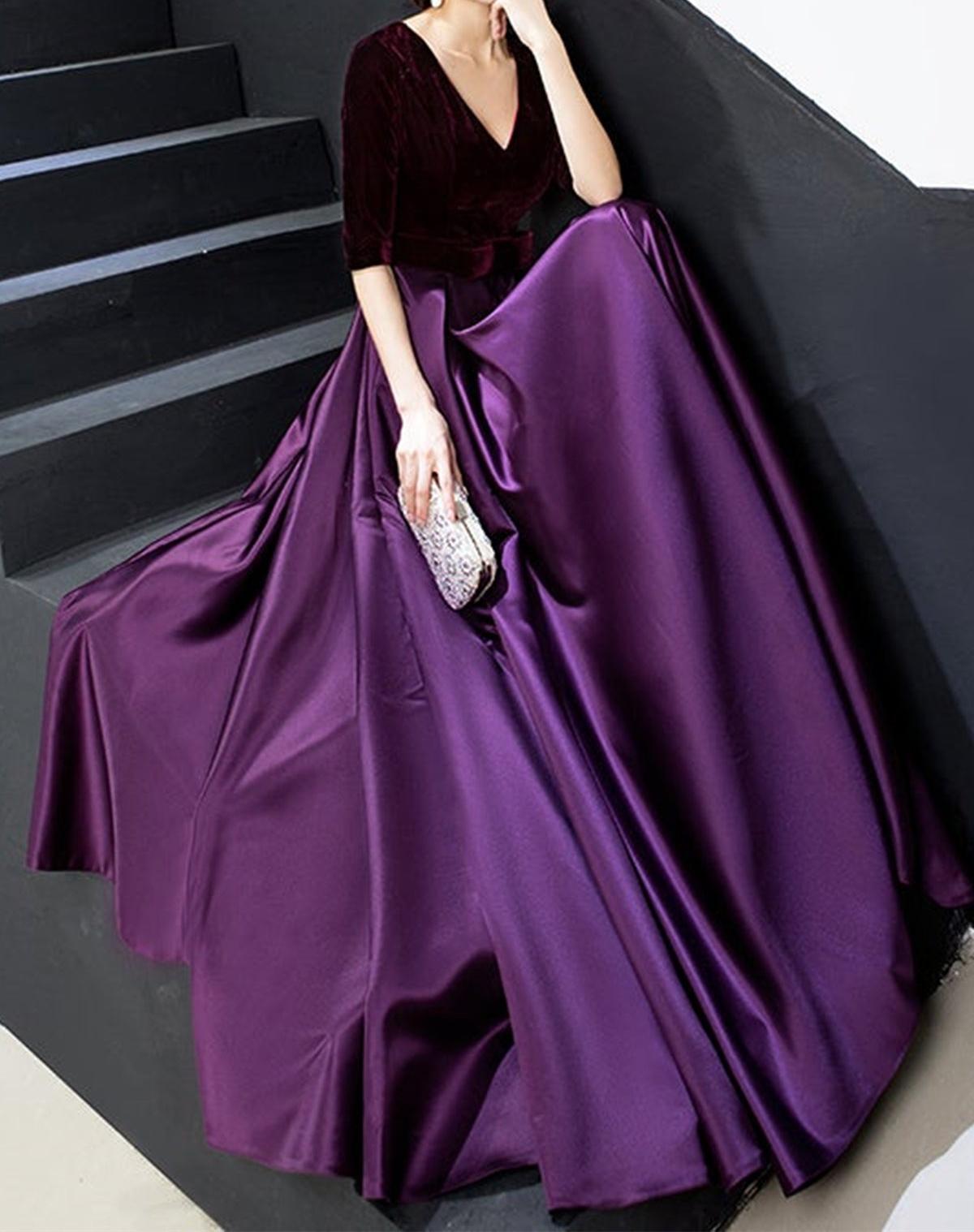 Unthony - Half Sleeve V Neck Purple Velvet Long Prom Dress