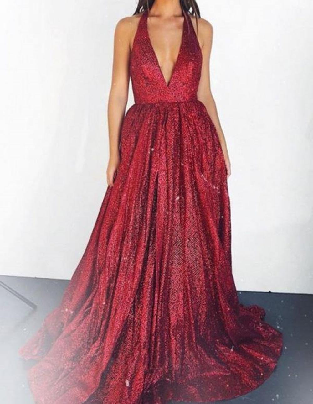 Unthony - Halter V Neck Backless Green/Burgundy/Champagne Long Prom Dress