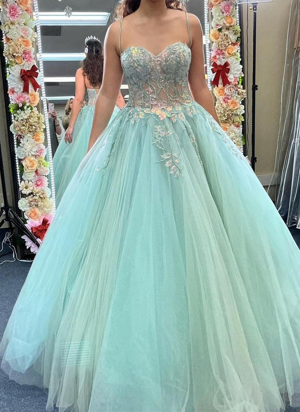 Unthony - Sweetheart Neck Mint Green Lace Tulle Long Prom Dress